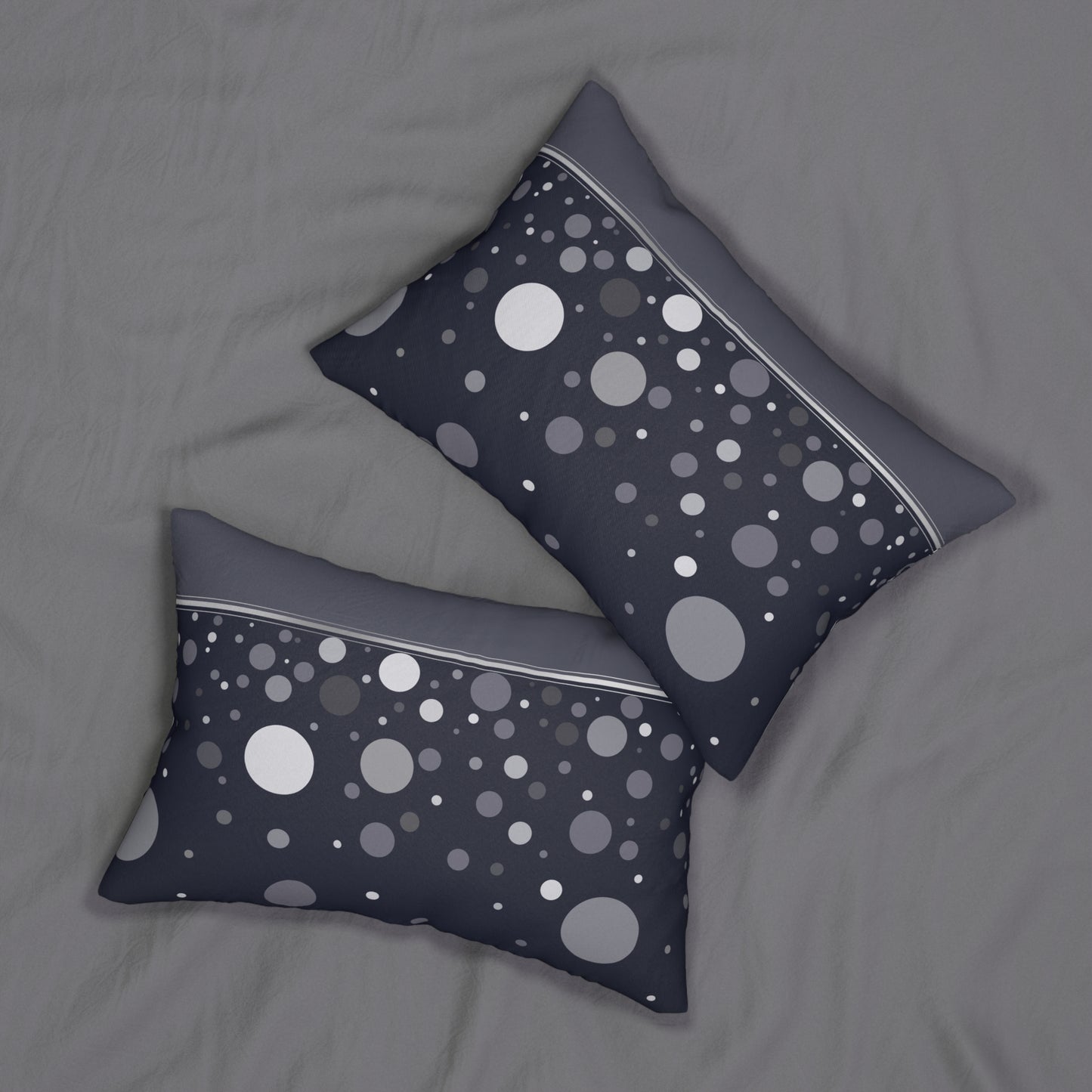 Dark Polka Dot Lumbar Pillow – Modern Abstract Black and Gray Circle Cushion for Minimalist or Space-Inspired Decor