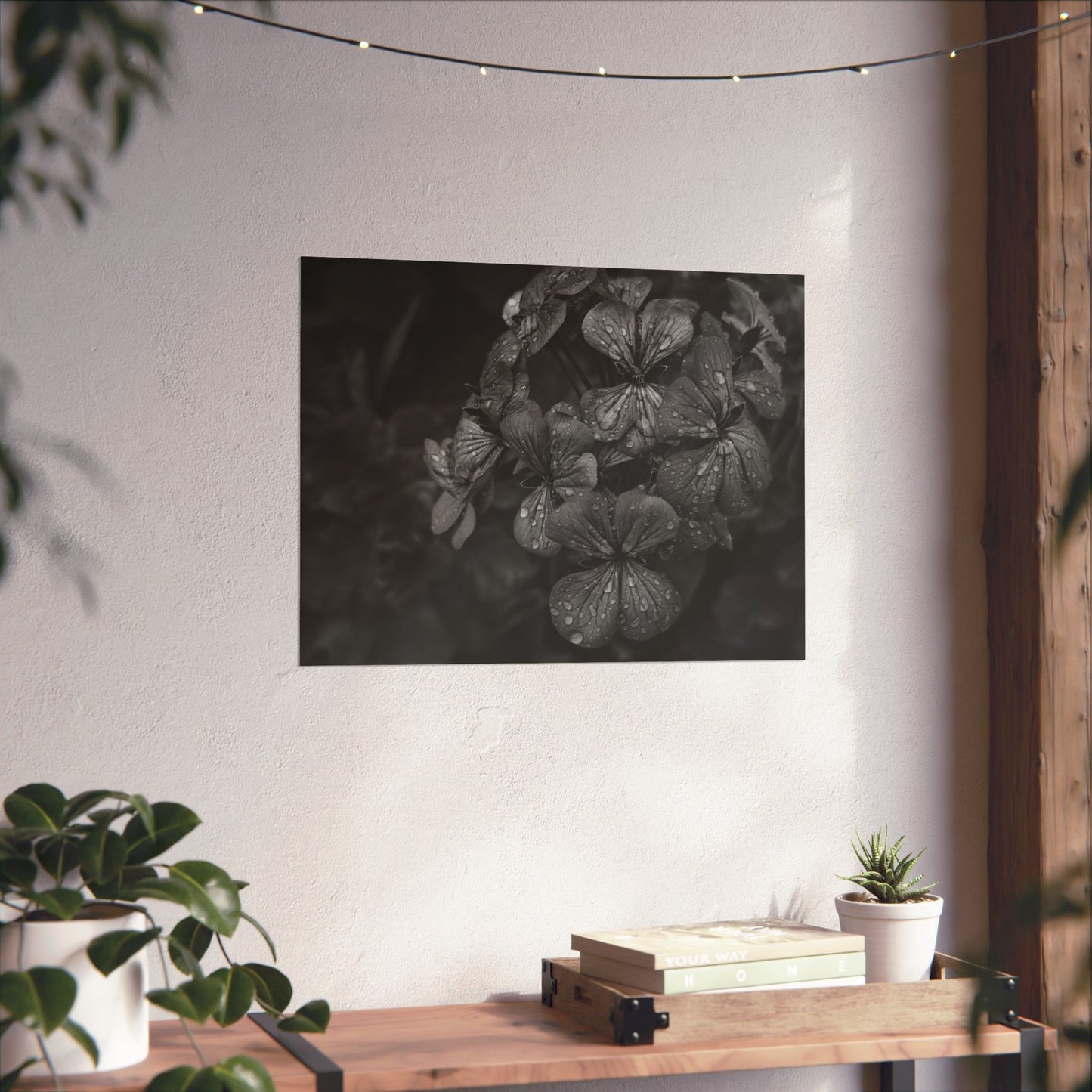 Geranium After a Light Rain Poster Print – Moody Botanical Black and White Floral Photography Wall Art