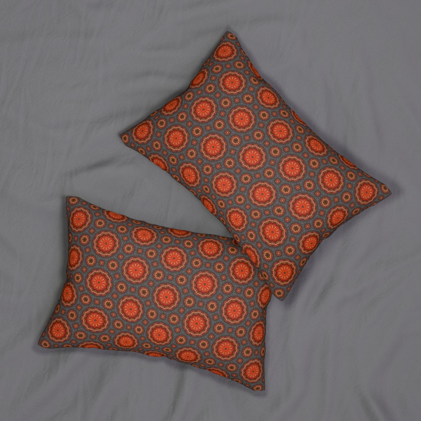Fiery Sunburst Mandala Lumbar Pillow – Boho Orange and Gray Accent Throw Pillow for Modern or Eclectic Home Decor