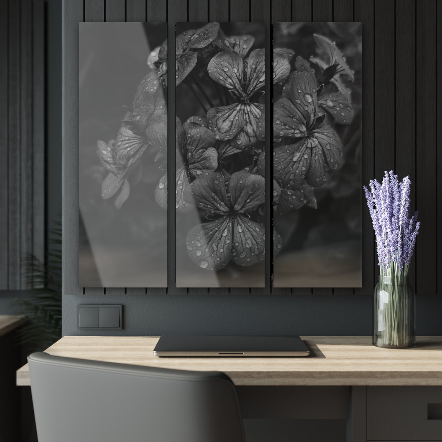 Geranium After a Light Rain Acrylic Triptych – Black and White Floral Triptych Wall Art for Modern Botanical Home Decor