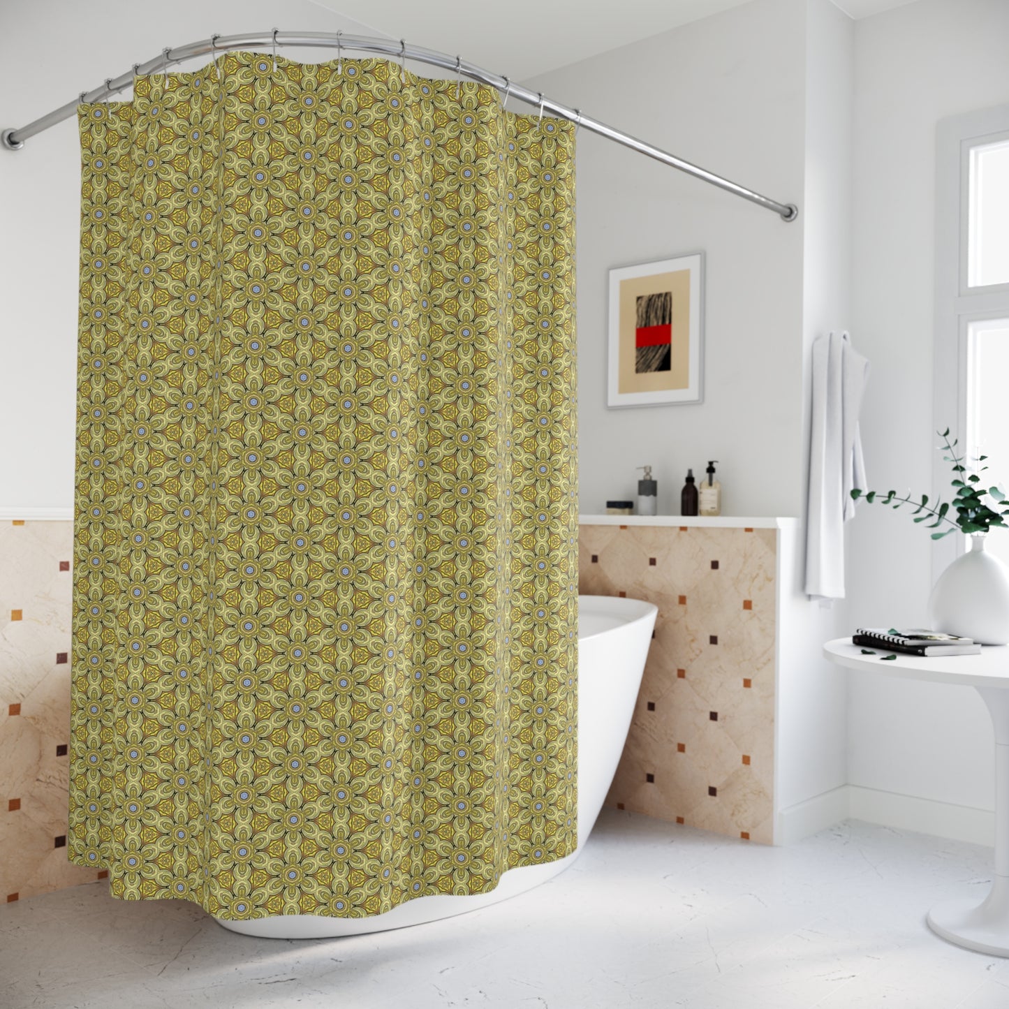 Retro Yellow Flowers Shower Curtain – Geometric Floral Bathroom Decor in Yellow and Green