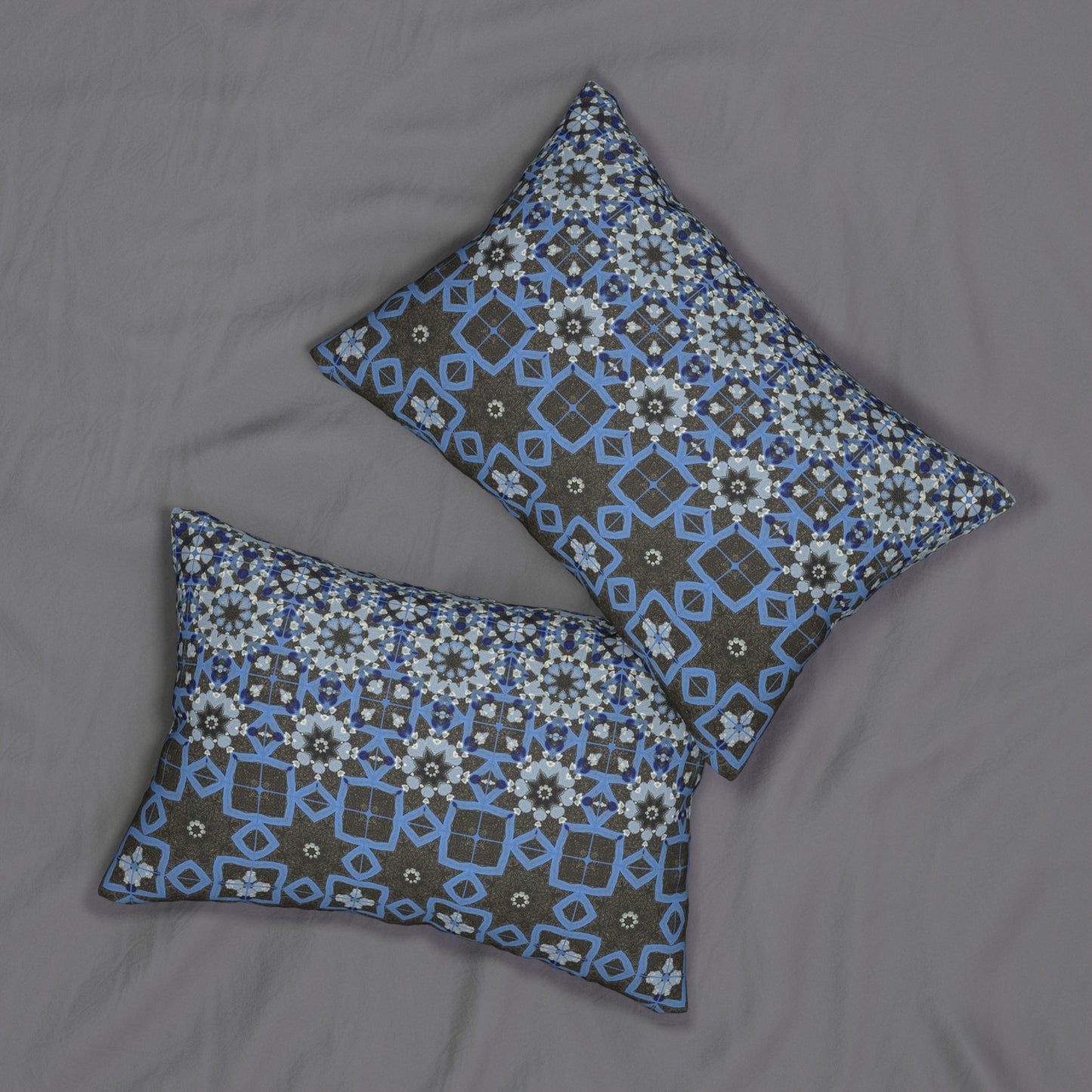 Blue Quilt Morph Pattern Lumbar Pillow – Geometric Floral Accent Pillow for Modern Home Decor or Holiday Gifting
