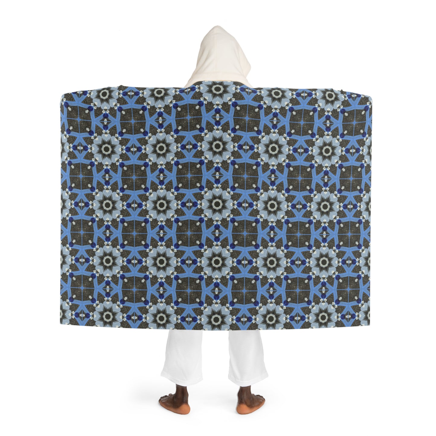 Blue Quilt Pattern Hooded Blanket – Quilted Sherpa Wearable Throw, Patchwork Fleece Comfort Wrap