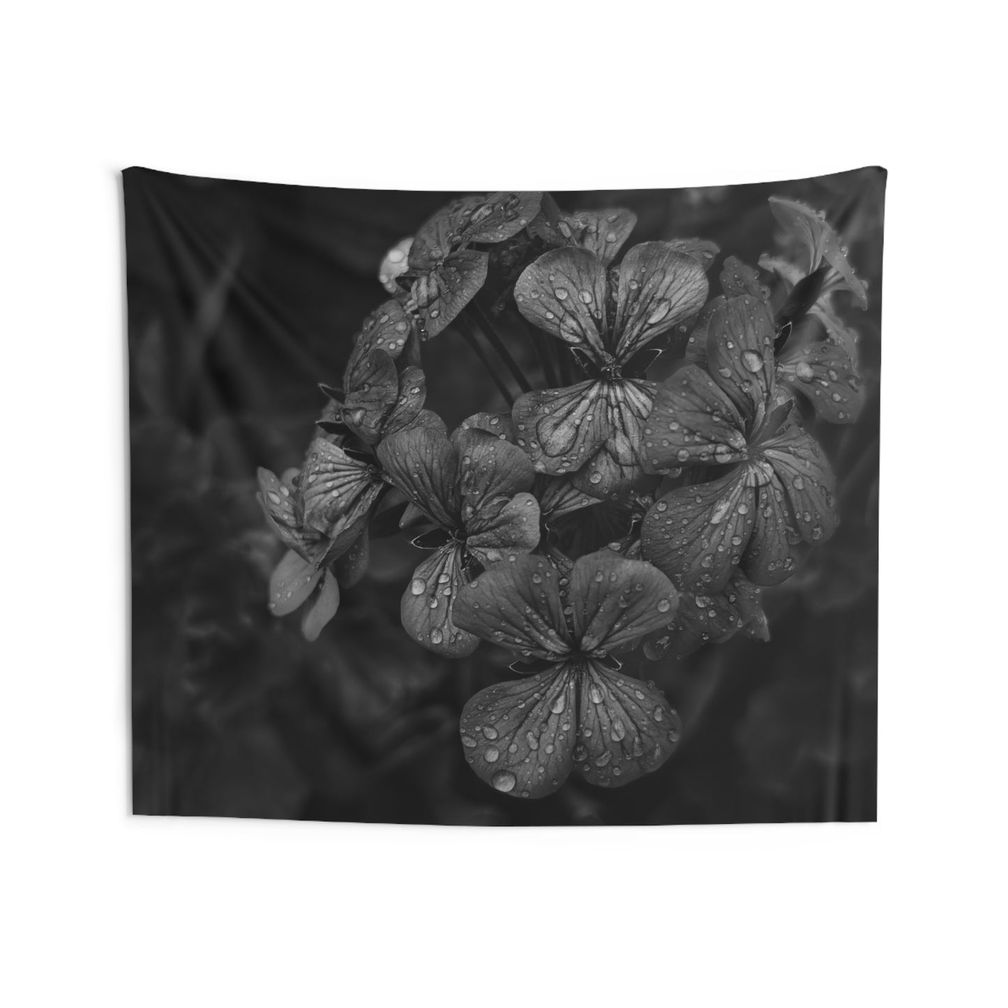 Geranium After a Light Rain Wall Tapestry – Modern Botanical Floral Black and White Photography Home Decor