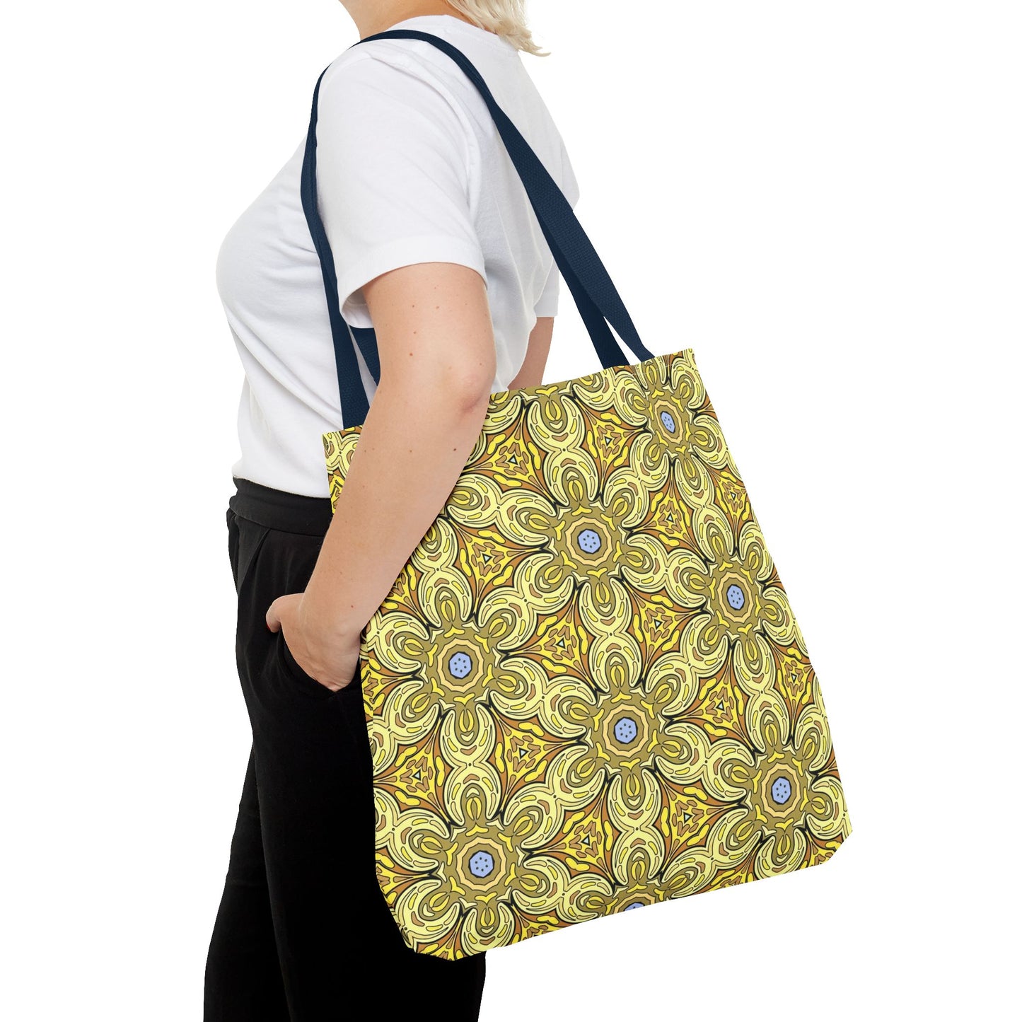 Retro Yellow Flowers Tote Bag – Geometric Floral Pattern Reusable Shopping Bag