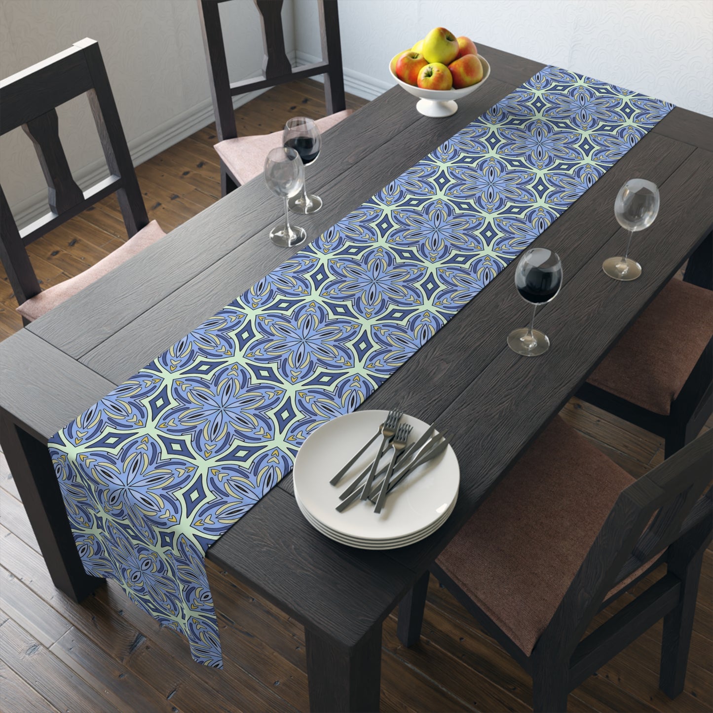 Pale Cornflower Blue and Yellow Table Runner – Elegant Floral Dining Decor for Modern and Traditional Settings