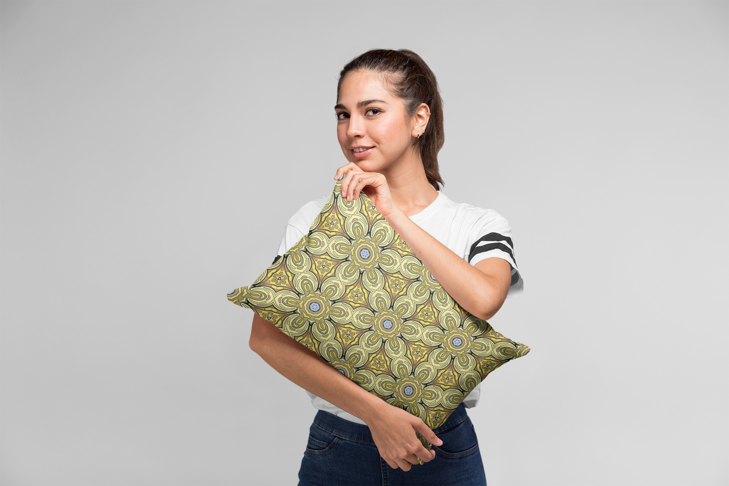 Retro Yellow Flowers Decorative Square Pillow – Geometric Floral Accent Pillow for Modern Decor