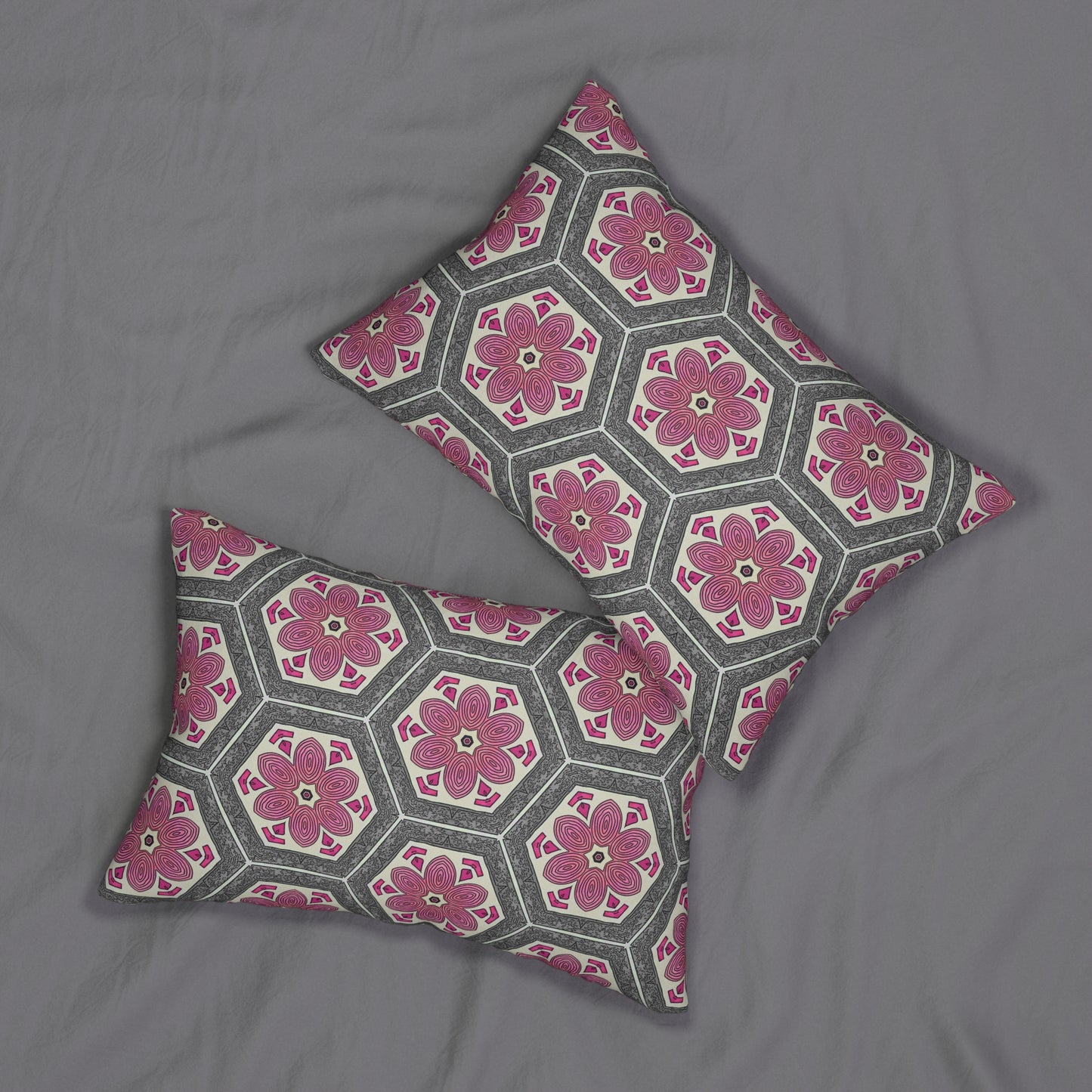 Pink & Gray Floral Lumbar Pillow – Hexagon Medallion Decorative Cushion for Boho, Modern, or Moroccan-Inspired Decor
