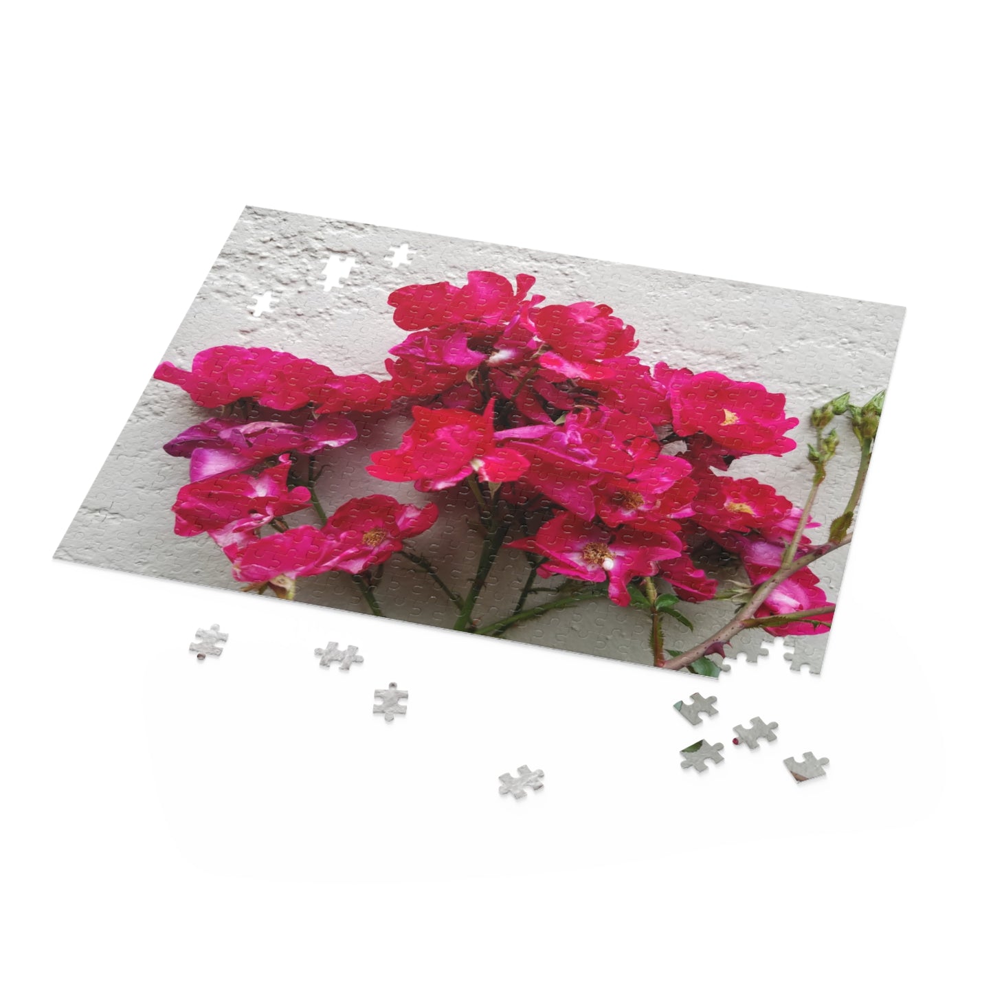 Bougainvillea Against White Stucco Wall Puzzle – Mediterranean Floral Jigsaw, Cottagecore Botanical Art Puzzle