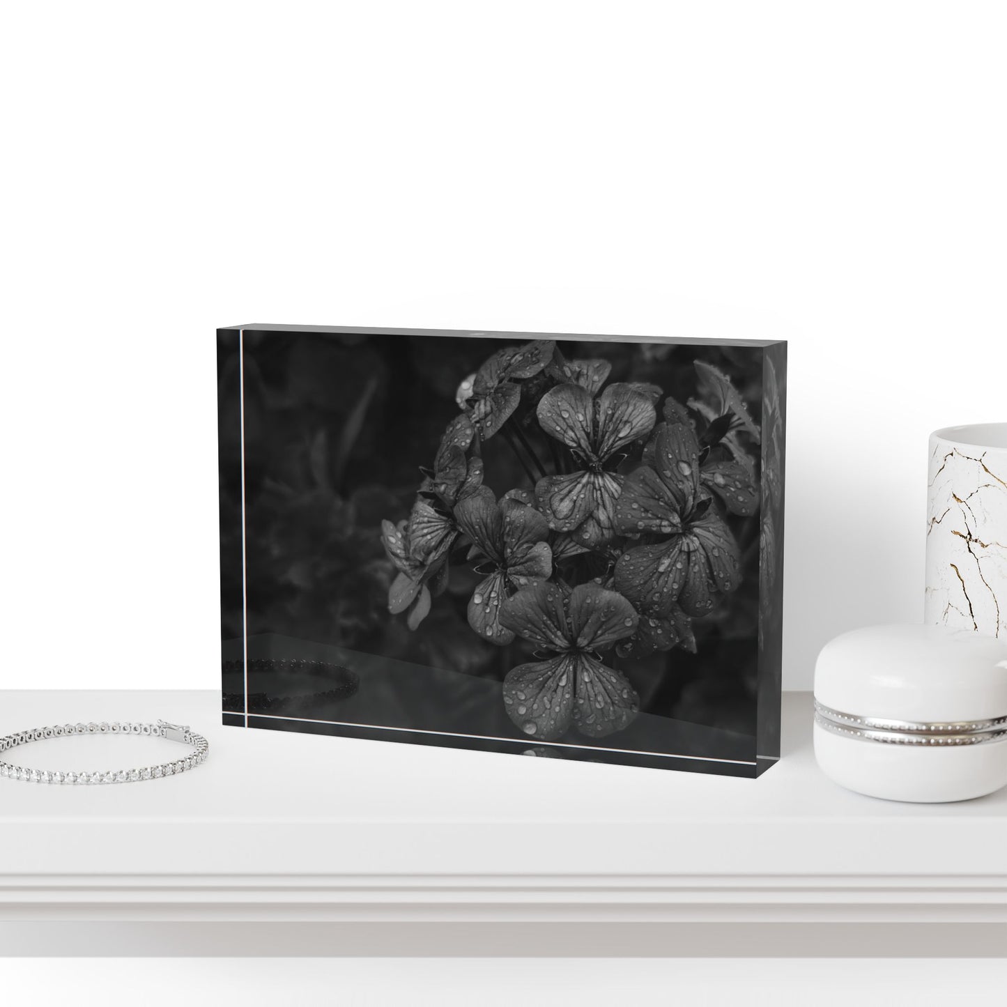 Geranium After a Light Rain Acrylic Block – Modern Moody Black and White Floral Botanical Home Decor Accent
