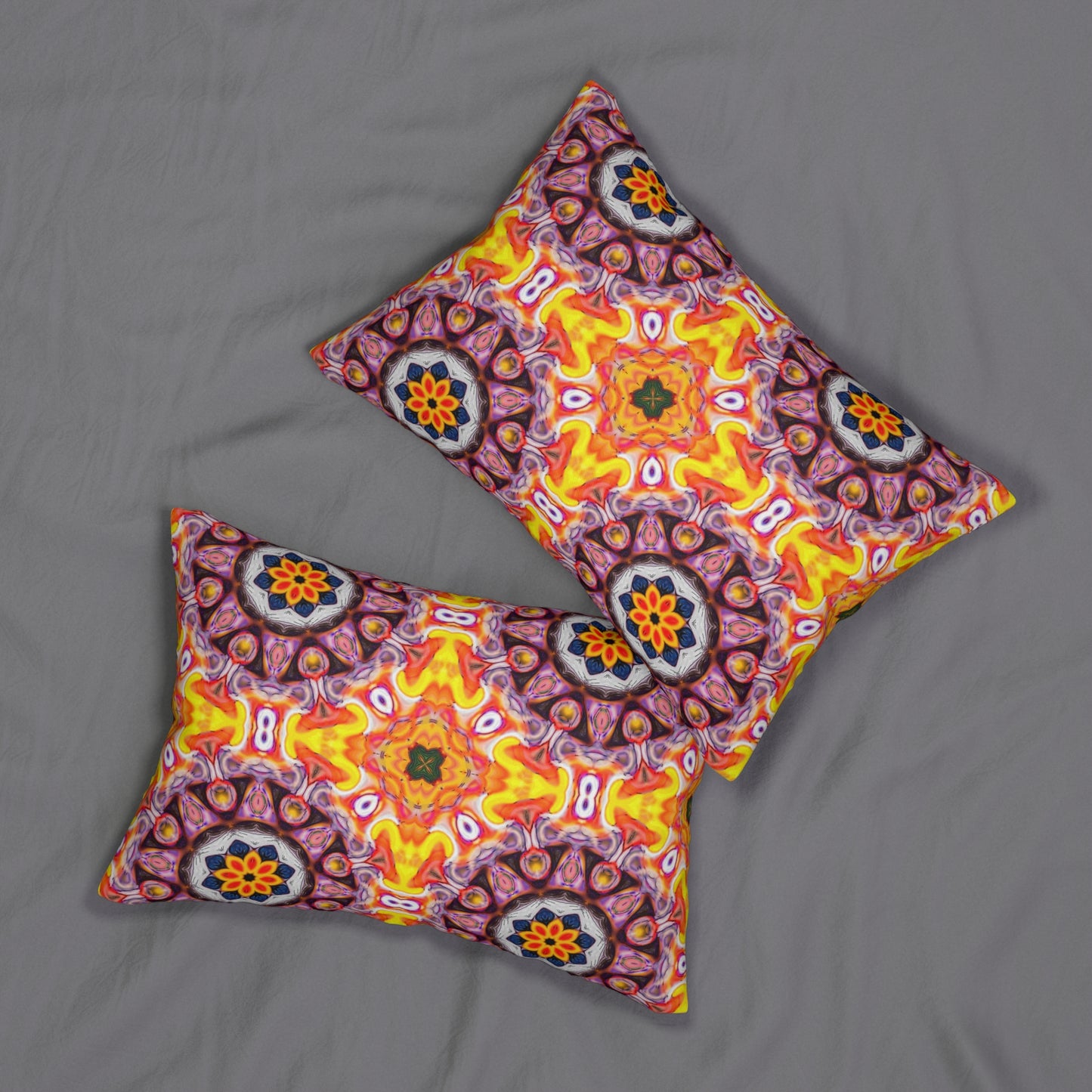 Kaleidoscope Mandala Lumbar Pillow – Vibrant Boho Decorative Cushion in Orange, Yellow & Purple for Eclectic Home Decor