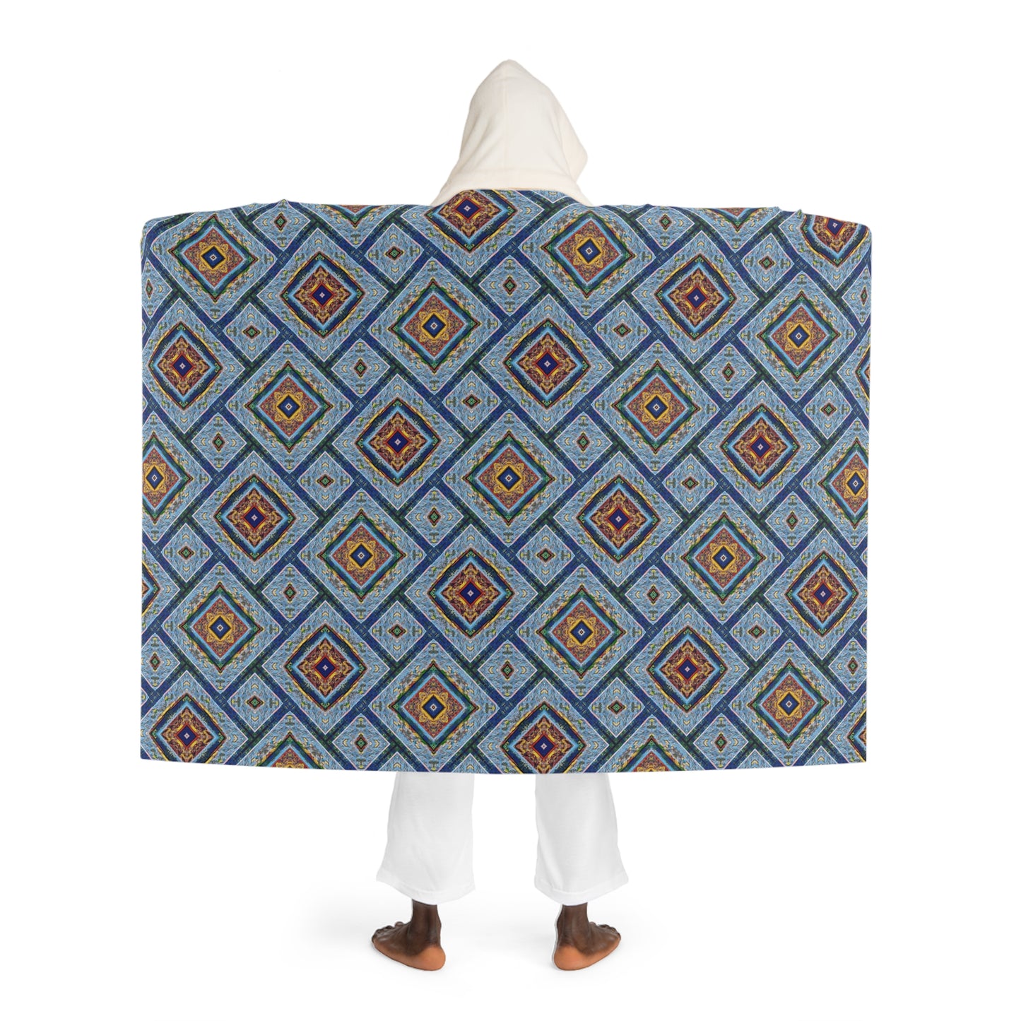 Blue Fusion Tiling Hooded Blanket – Blue Geometric Wearable Throw, Modern Tile Pattern for Cozy Comfort