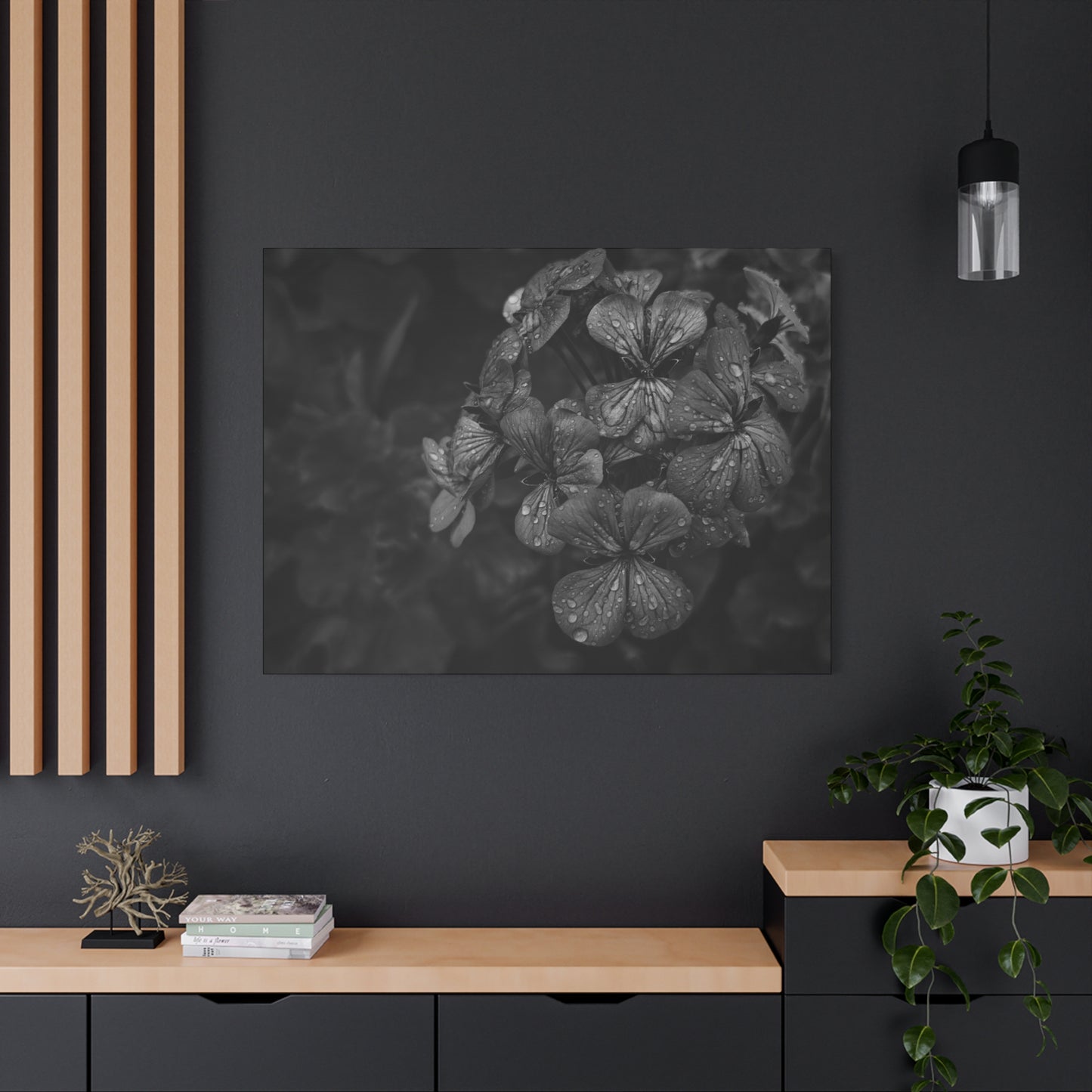 Canvas geranium floral wall art in timeless grayscale palette