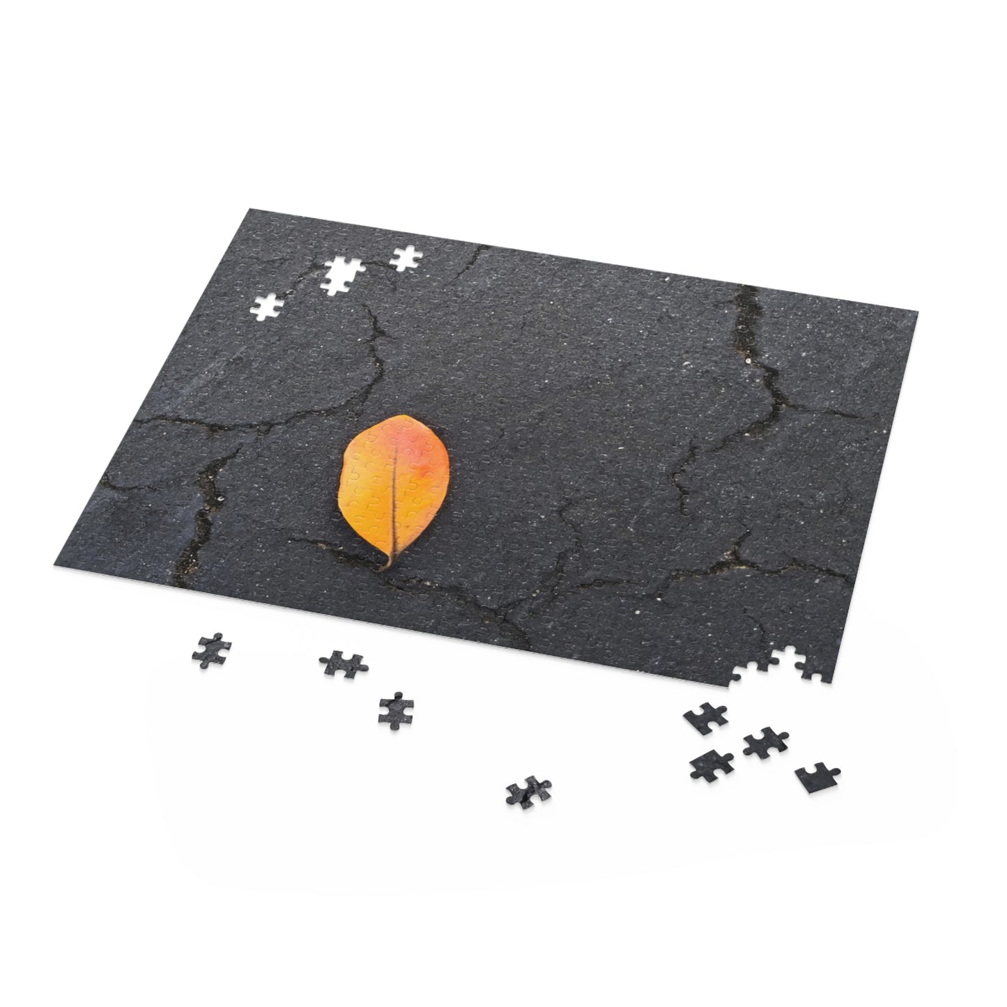 Orange Leaf on Black Concrete Puzzle – Moody Autumn Jigsaw for Minimalist Fall Decor and Nature Lovers