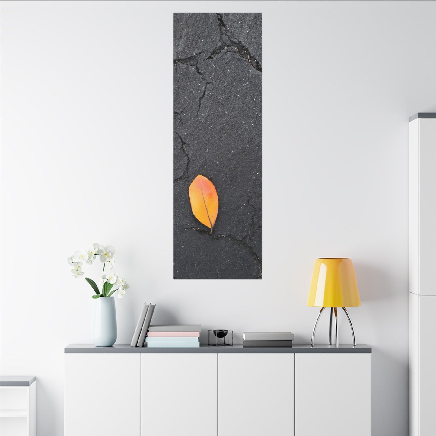 Orange Leaf Against Black Concrete Minimalistic Canvas Print – Contemporary Nature Photography Wall Art