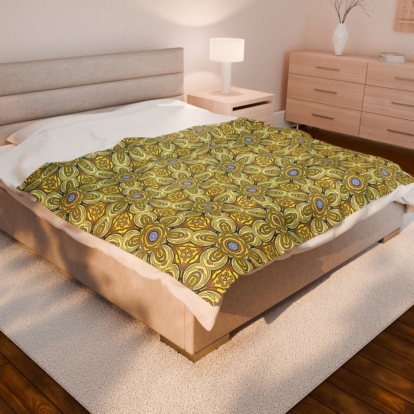Retro Yellow Flowers Velveteen Blanket – Soft Geometric Floral Throw for Living Room & Bedroom