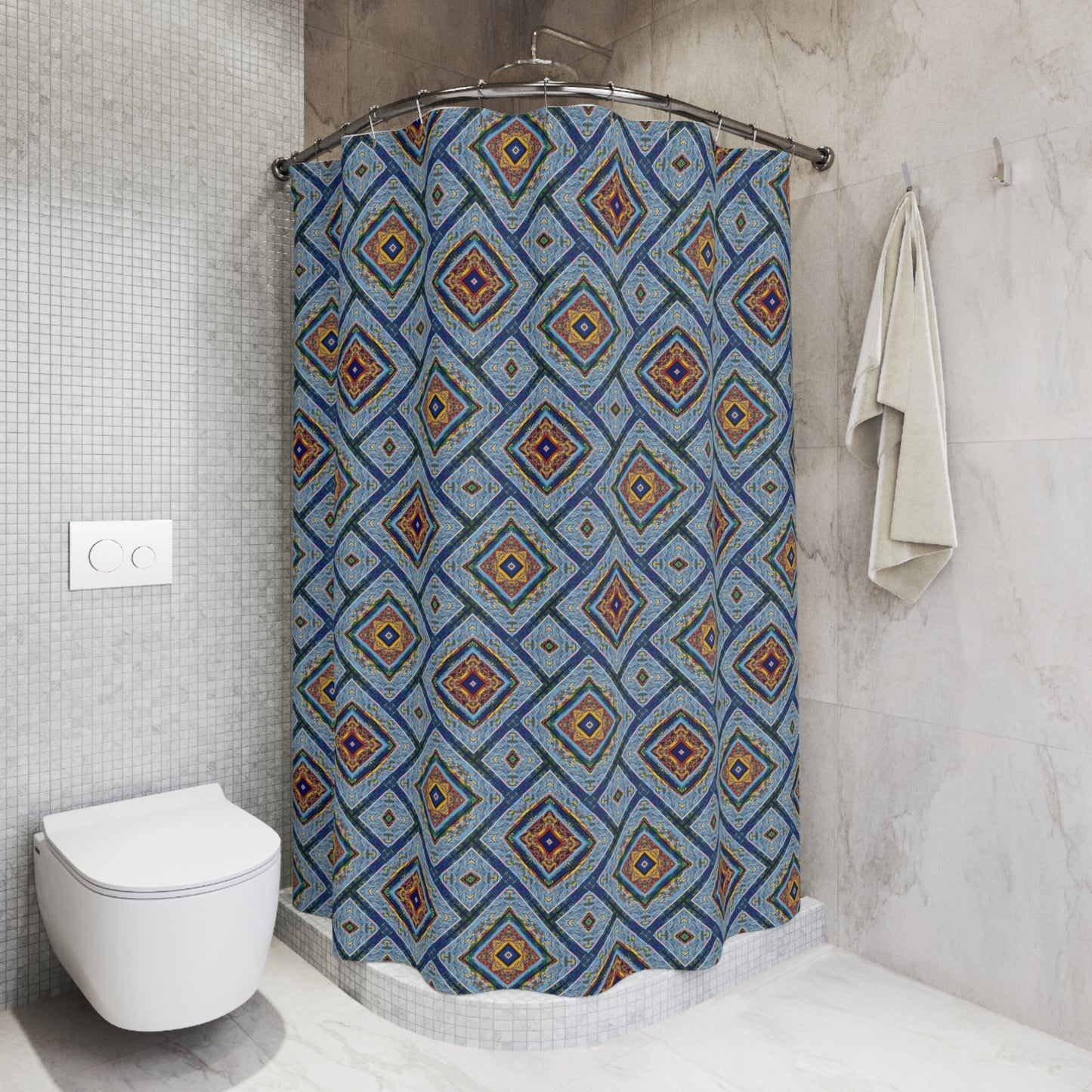 Blue Fusion Tiling Shower Curtain – Blue Geometric Bathroom Decor, Modern Tile Pattern, Diamond Design Curtain