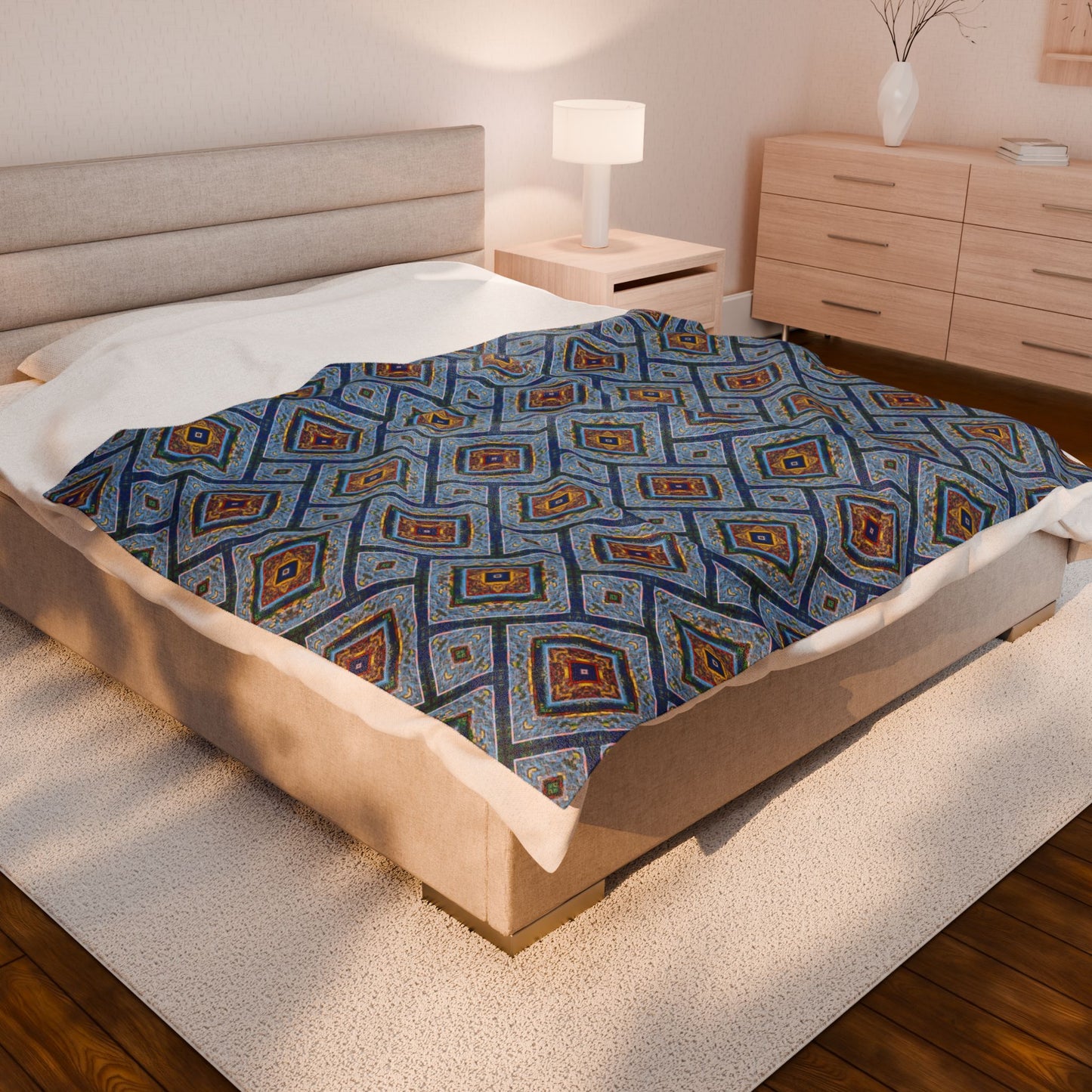 Blue Fusion Tiling Plush Velveteen Blanket – Blue Geometric Throw, Modern Tile Diamond Pattern, Cozy Abstract Blanket