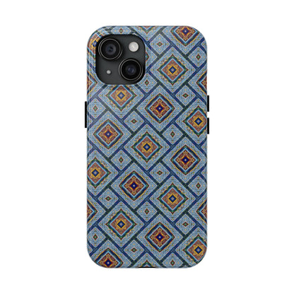 Blue Fusion Tiling Tough Case – Blue Geometric Phone Case, Modern Diamond Pattern Cover, Abstract Tile Design
