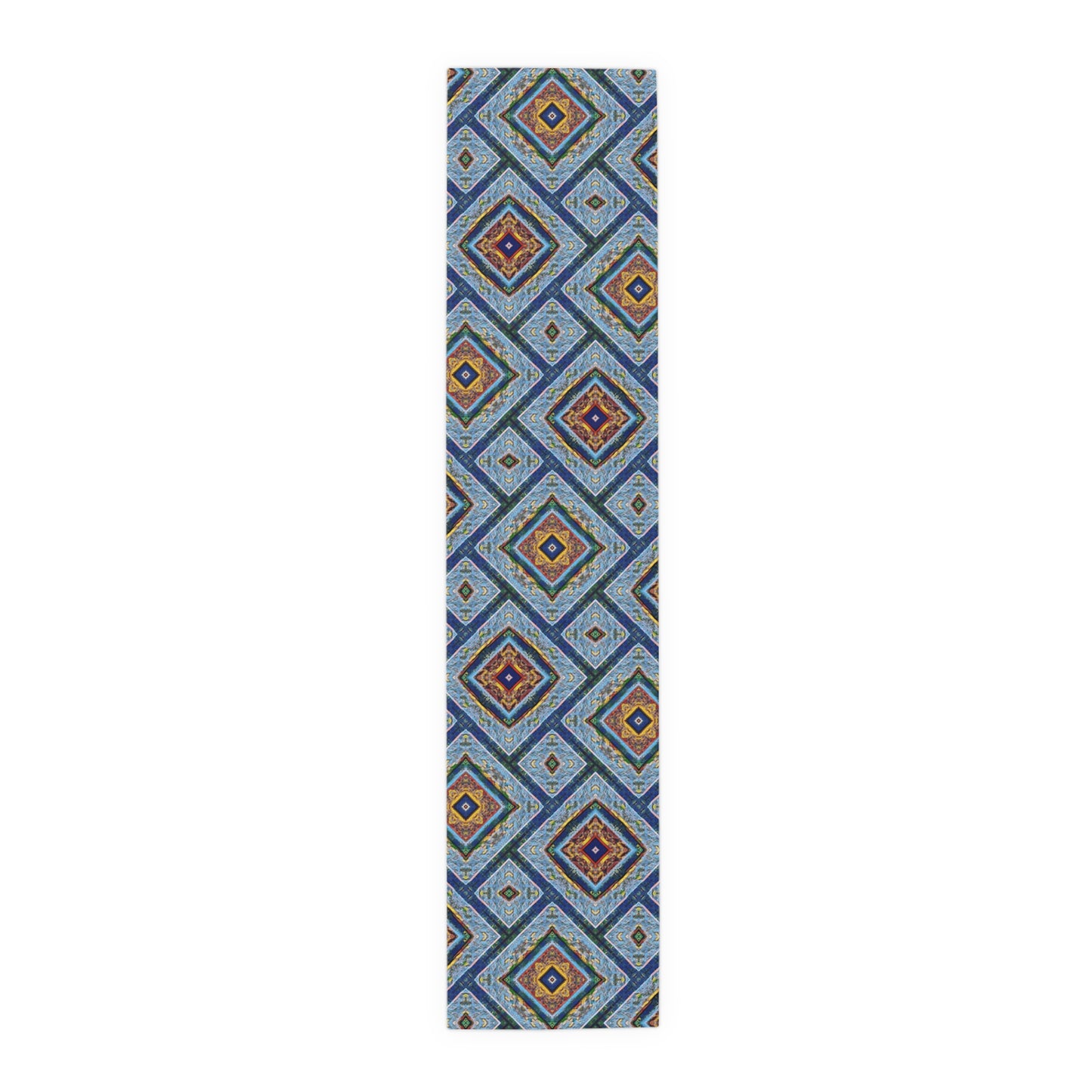 Blue Fusion Tiling Table Runner – Blue Geometric Dining Decor, Modern Tile Pattern Runner