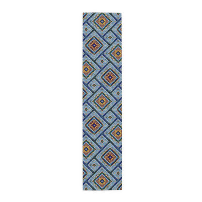 Blue Fusion Tiling Table Runner – Blue Geometric Dining Decor, Modern Tile Pattern Runner
