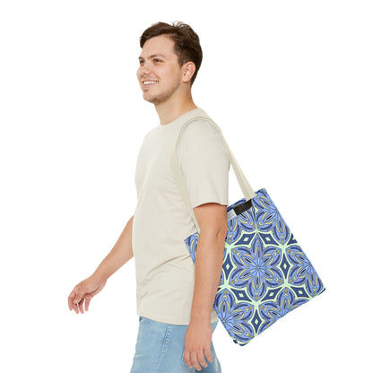 Pale Cornflower Blue and Yellow Tote Bag – Geometric Floral Pattern Reusable Shopping Bag for Everyday Use