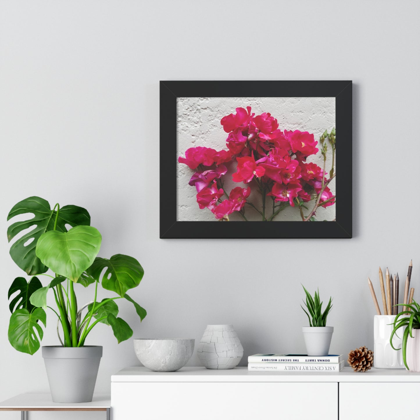 Bougainvillea Against White Stucco Wall Framed Print – Mediterranean Floral Wall Art, Summer Bloom Botanical Decor