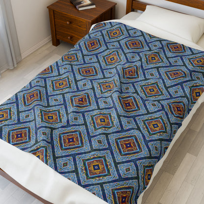 Blue Fusion Tiling Plush Velveteen Blanket – Blue Geometric Throw, Modern Tile Diamond Pattern, Cozy Abstract Blanket