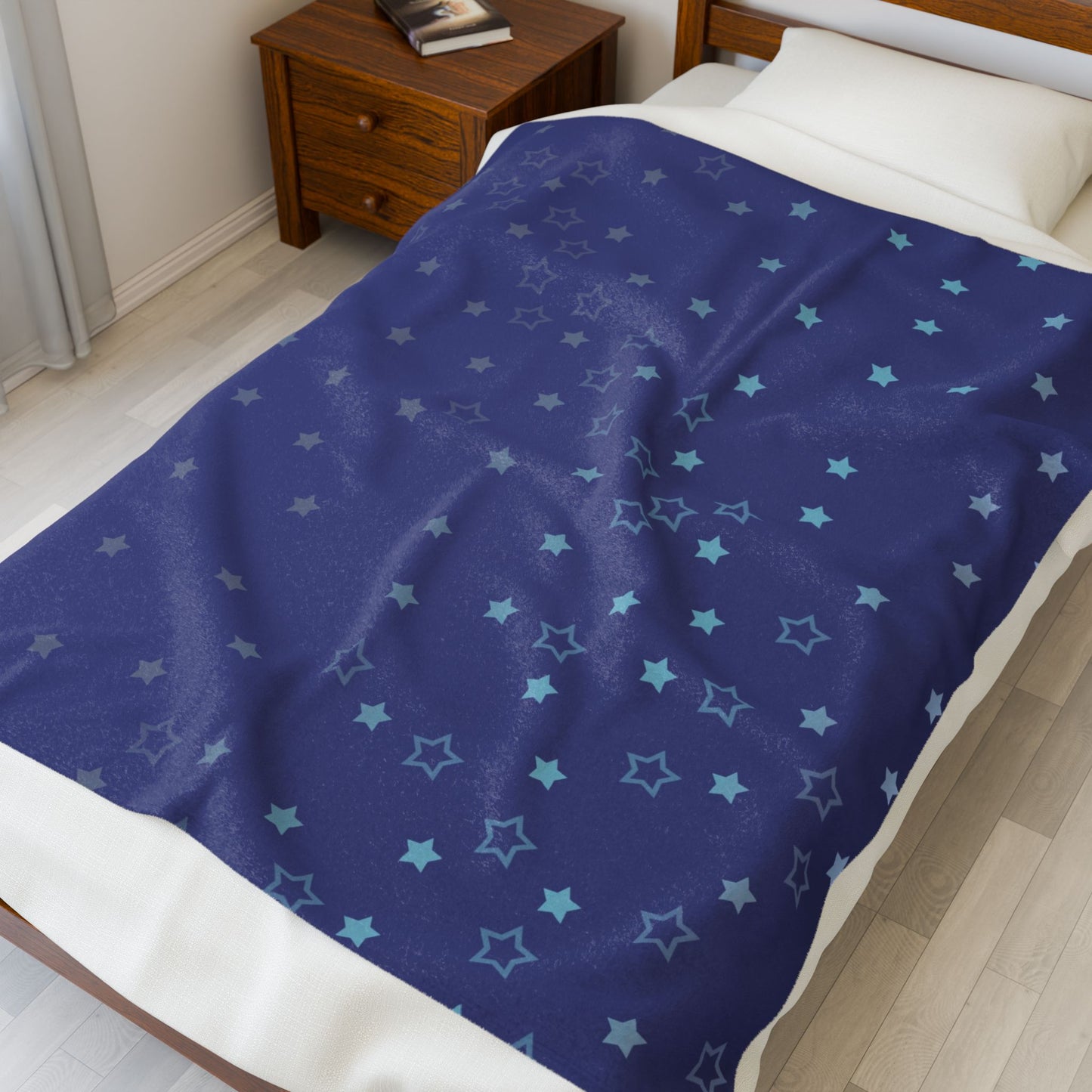 Blue Starfall Velveteen Plush Blanket – Blue Star Throw, Celestial Night Sky Fleece Blanket, Galaxy-Inspired Cozy Decor