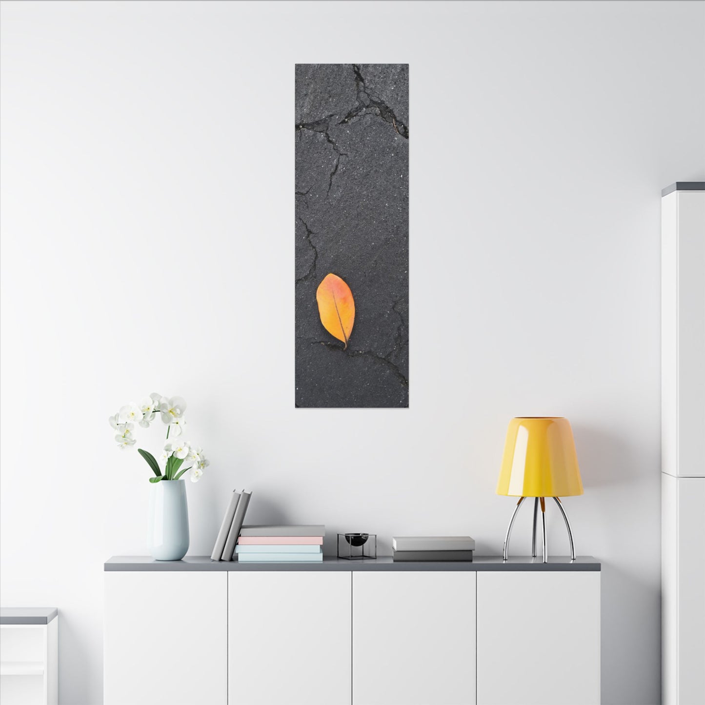 Orange Leaf Against Black Concrete Minimalistic Canvas Print – Contemporary Nature Photography Wall Art