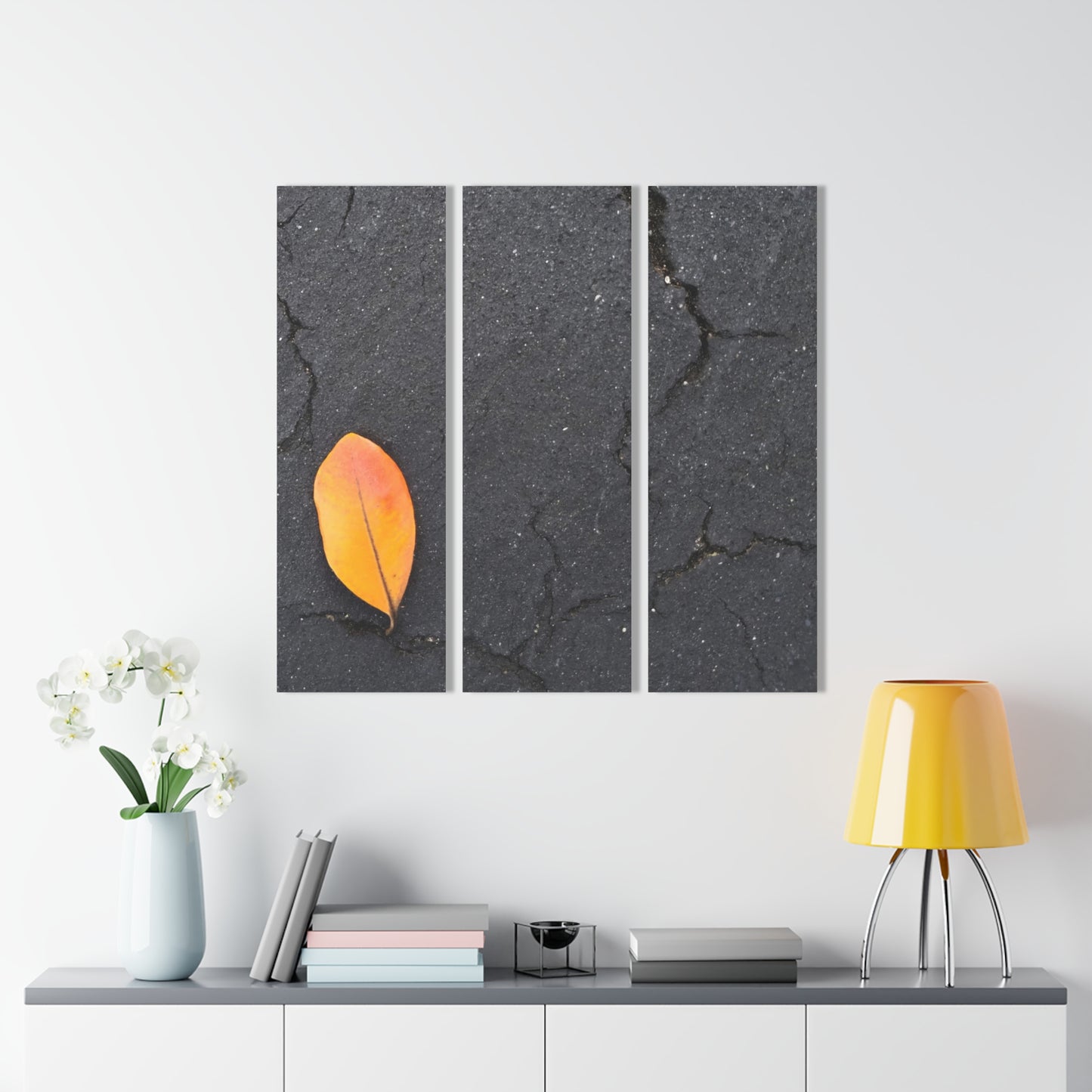 Orange Leaf on Black Concrete Acrylic Triptych – Modern Autumn Three-Panel Wall Art for Nature-Inspired Decor