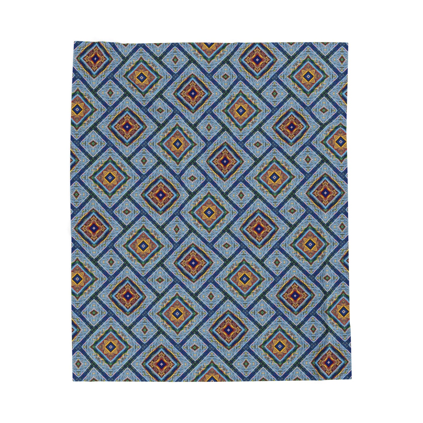 Blue Fusion Tiling Plush Velveteen Blanket – Blue Geometric Throw, Modern Tile Diamond Pattern, Cozy Abstract Blanket