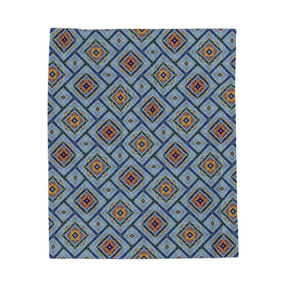 Blue Fusion Tiling Plush Velveteen Blanket – Blue Geometric Throw, Modern Tile Diamond Pattern, Cozy Abstract Blanket