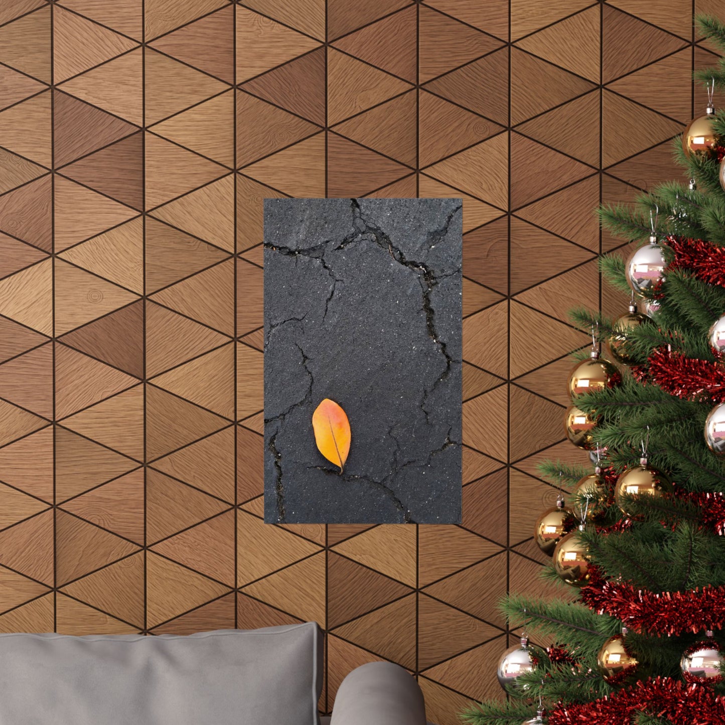 Orange Leaf Against Black Concrete Poster – Minimalist Nature Photography Wall Art