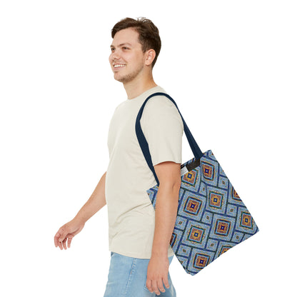Blue Fusion Tiling Tote Bag – Blue Geometric Canvas, Modern Tile Pattern, Diamond Design Everyday Bag