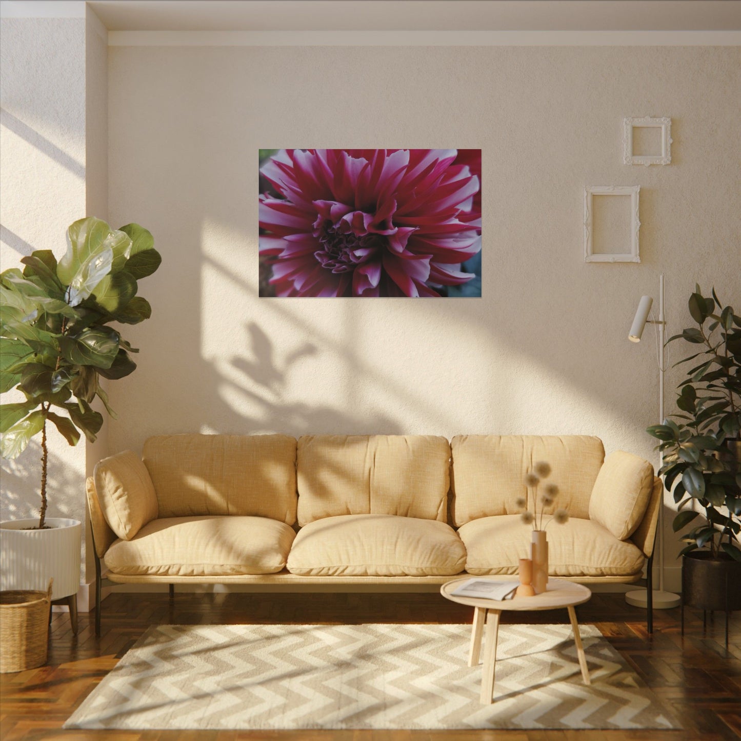 Red and White Dahlia Canvas Print – Bright Floral Nature Photography Wall Art
