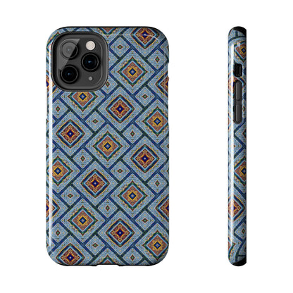 Blue Fusion Tiling Tough Case – Blue Geometric Phone Case, Modern Diamond Pattern Cover, Abstract Tile Design