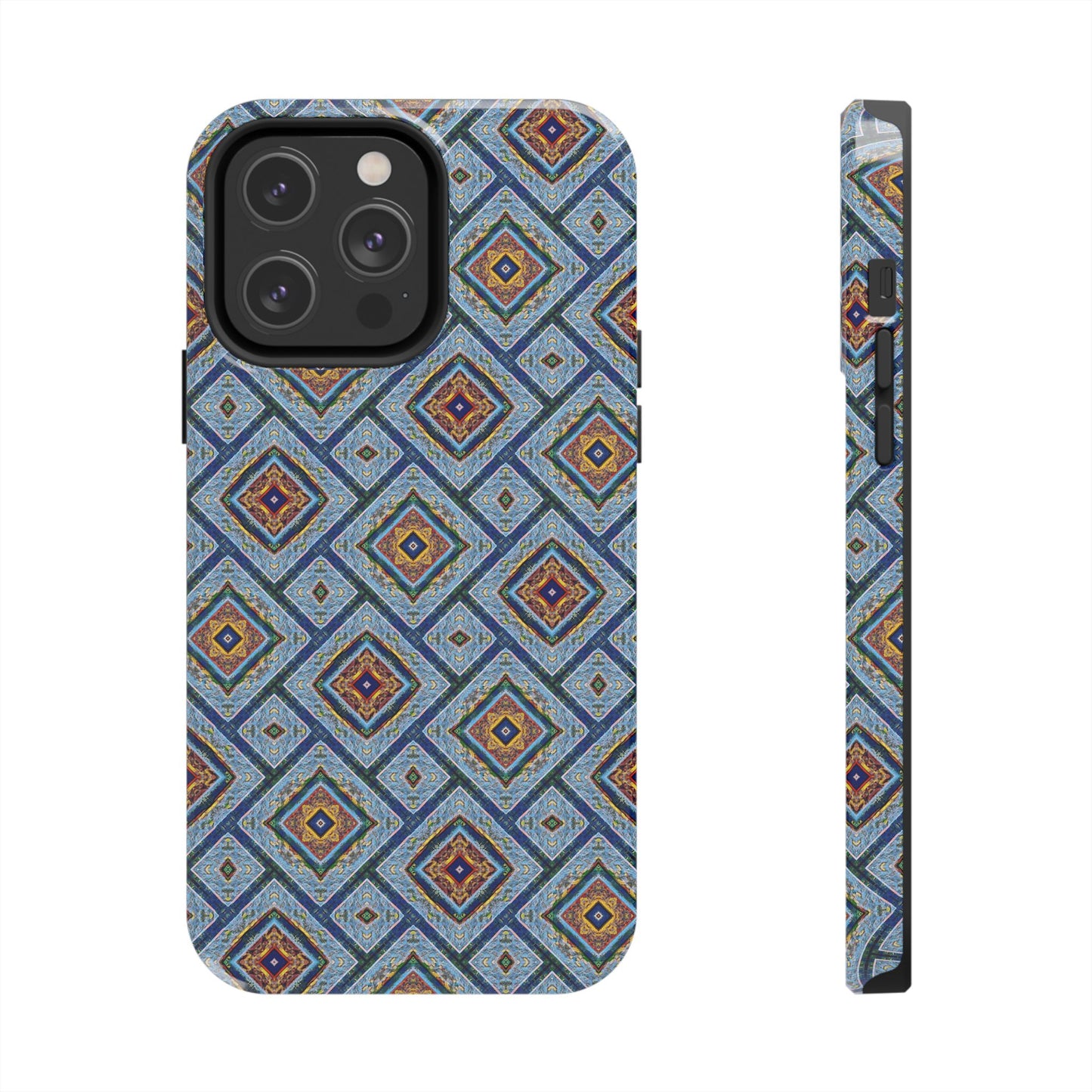 Blue Fusion Tiling Tough Case – Blue Geometric Phone Case, Modern Diamond Pattern Cover, Abstract Tile Design