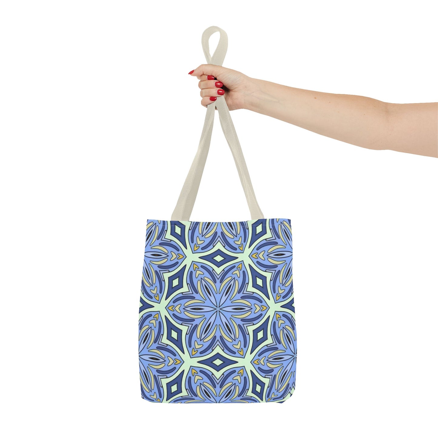 Pale Cornflower Blue and Yellow Tote Bag – Geometric Floral Pattern Reusable Shopping Bag for Everyday Use