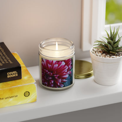 Red and White Dahlia Jar Candle – Botanical Flower Photo Candle for Cozy Floral Home Decor