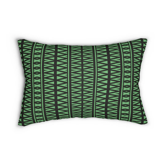 Black and Green Tribal Triangle Lumbar Pillow – Boho Geometric Accent Cushion for Fall or Housewarming Decor