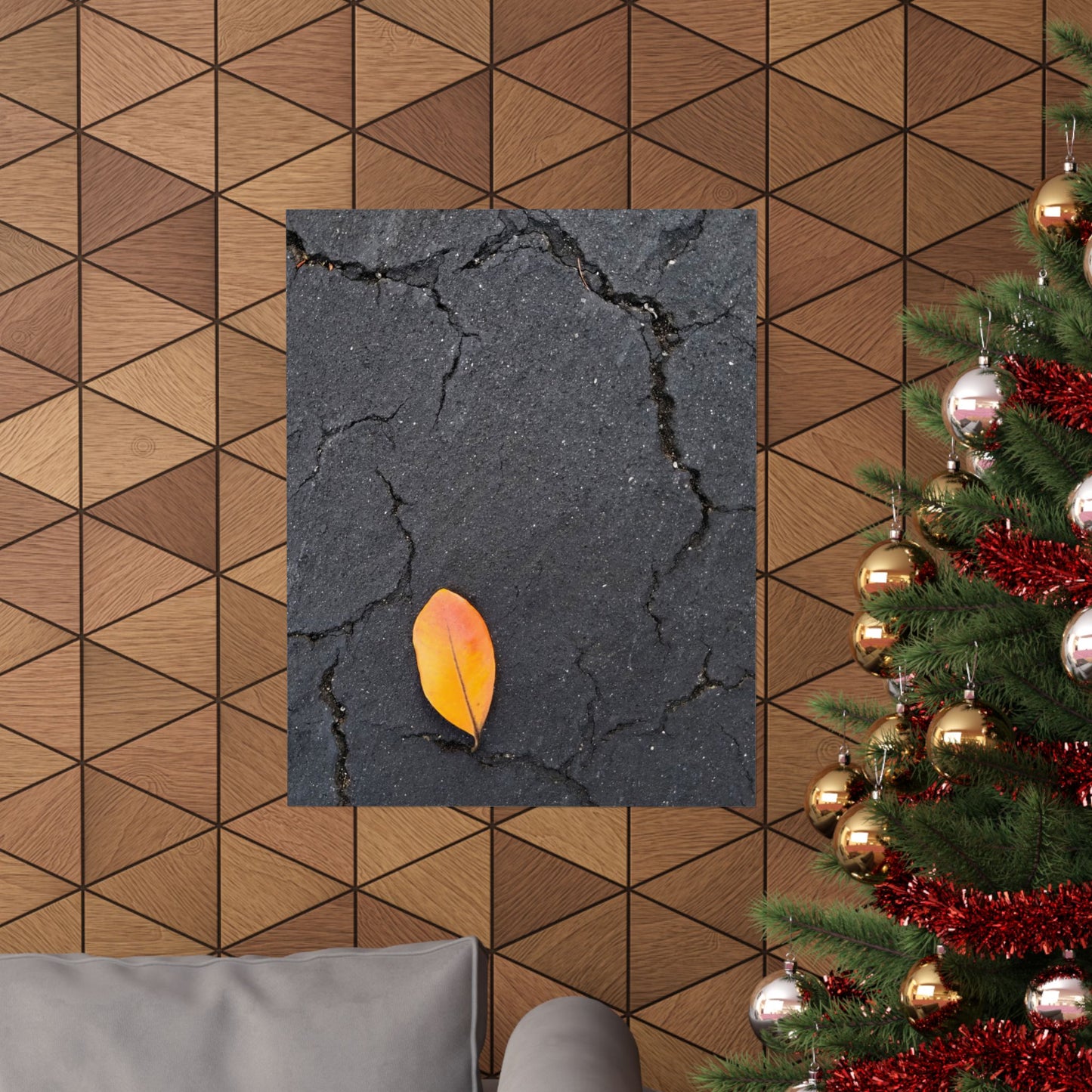 Orange Leaf Against Black Concrete Poster – Minimalist Nature Photography Wall Art
