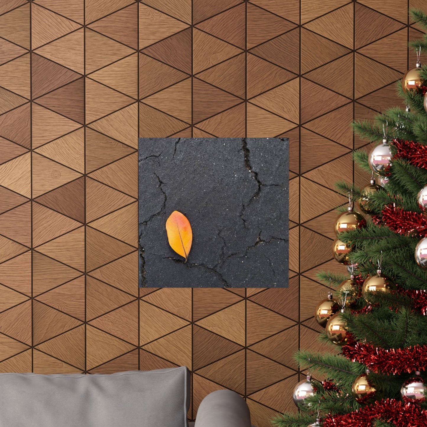 Orange Leaf Against Black Concrete Poster – Minimalist Nature Photography Wall Art