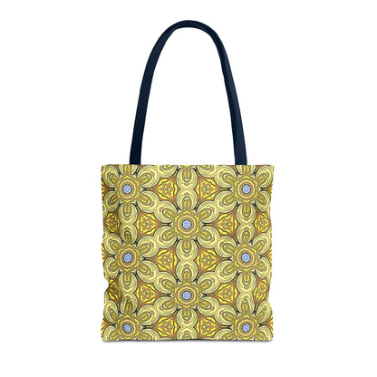 Retro Yellow Flowers Tote Bag – Geometric Floral Pattern Reusable Shopping Bag