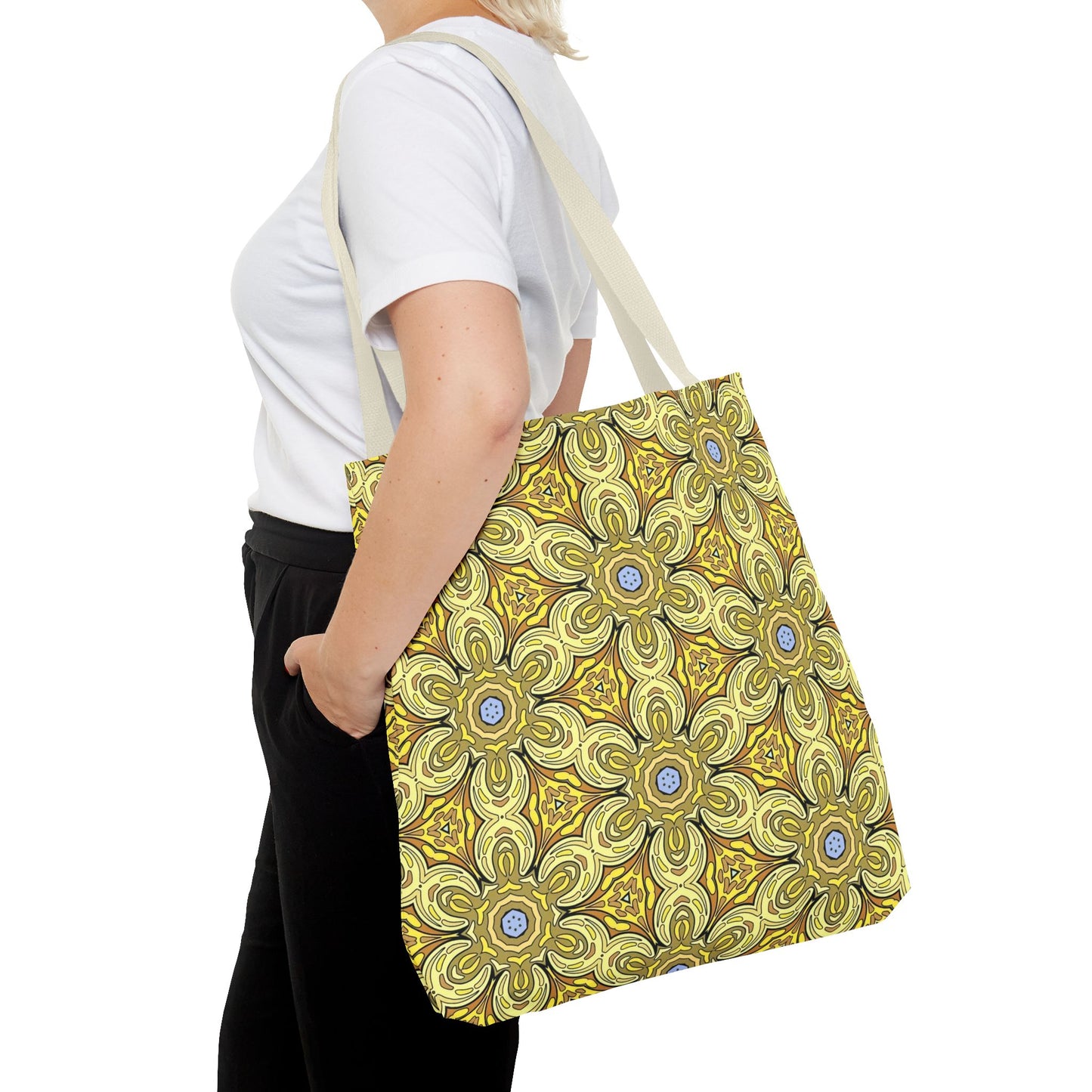 Retro Yellow Flowers Tote Bag – Geometric Floral Pattern Reusable Shopping Bag