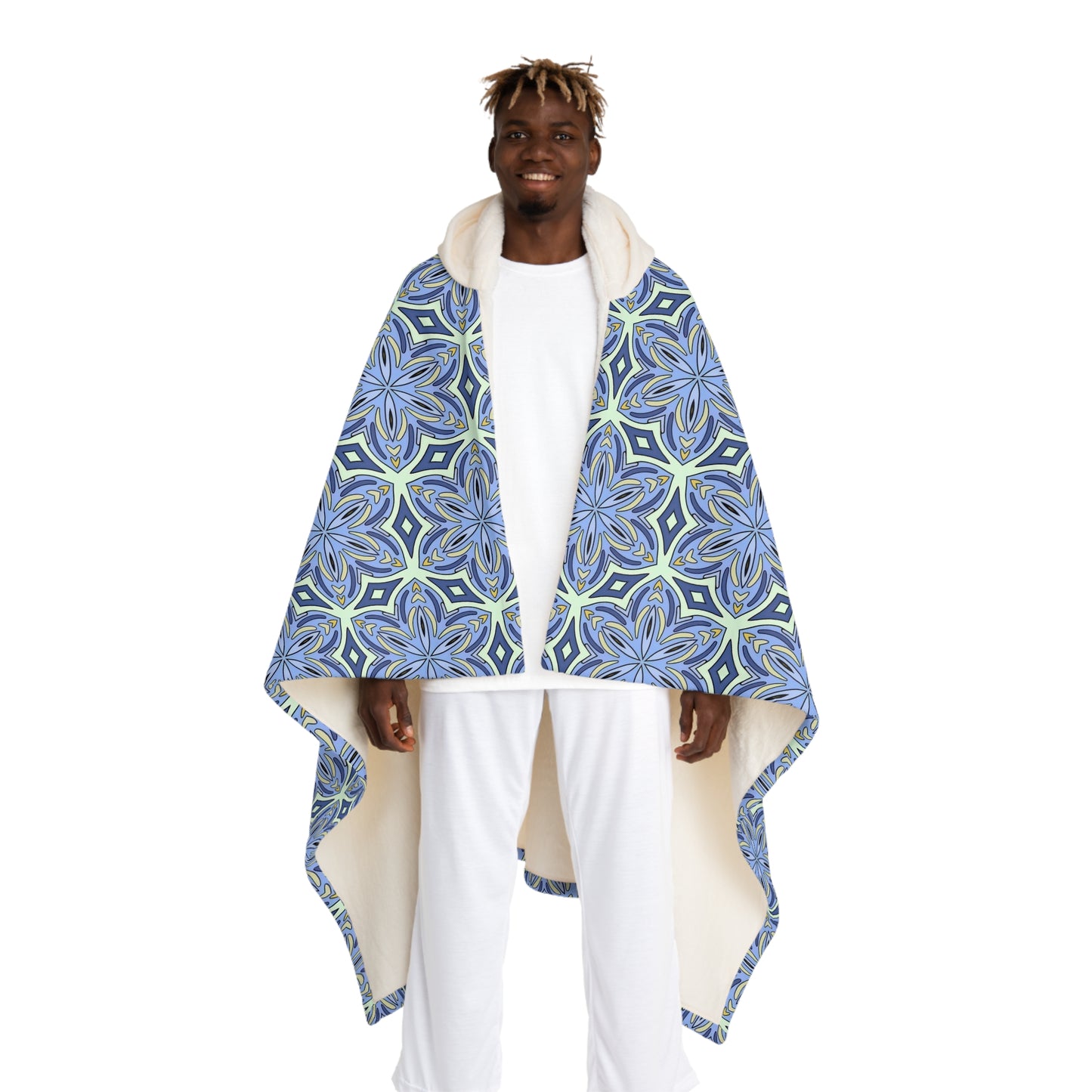Pale Cornflower Blue and Yellow Hooded Blanket – Geometric Cozy Hooded Blanket for Adults and Modern Home Decor