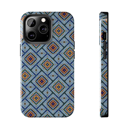 Blue Fusion Tiling Tough Case – Blue Geometric Phone Case, Modern Diamond Pattern Cover, Abstract Tile Design