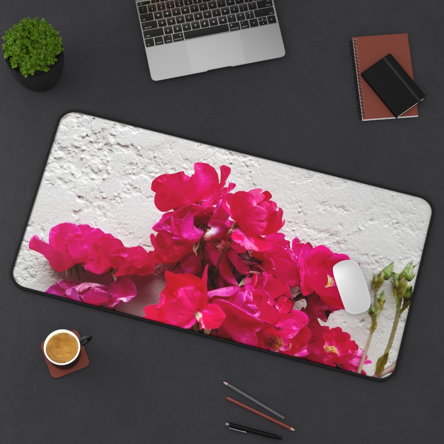 Bougainvillea Against White Stucco Wall Desk Mat – Mediterranean Floral Office Accessory, Summer Bloom Workspace Decor