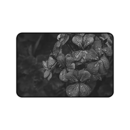 Geranium After a Light Rain Desk Mat – Moody Botanical Floral Art, Monochrome Nature-Inspired Workspace Decor