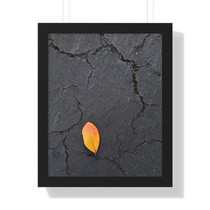 Orange Leaf on Black Concrete Framed Print – Minimalist Autumn Wall Art for Urban and Modern Rustic Decor